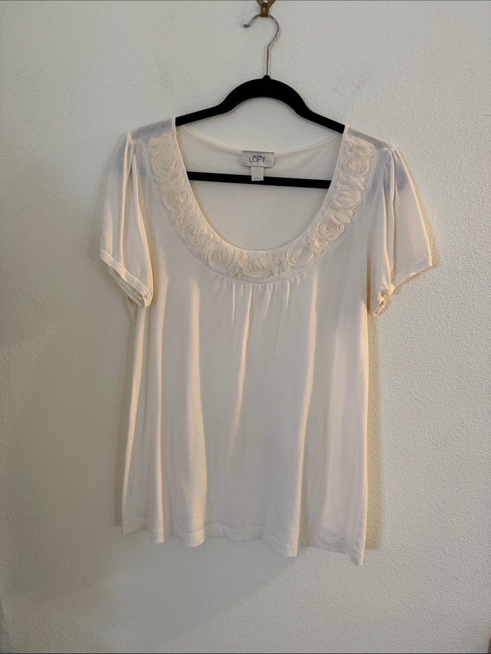 LOFT Cream Scoop Neck Short Sleeve Top with Floral Trim